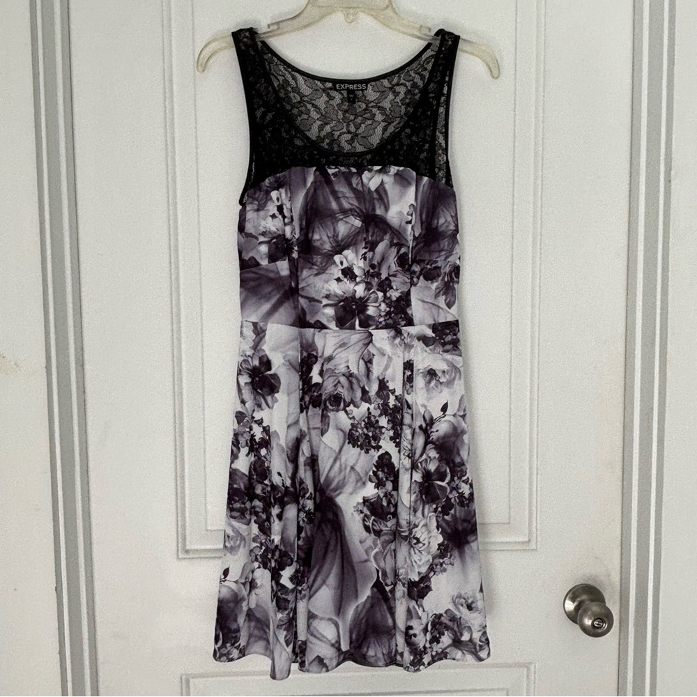 Express Black Lace Sleeveless Dress White Floral Lined Skirt